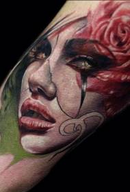 Modern traditional style color woman portrait rose tattoo pattern