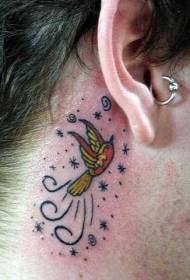 za uchem barevný pták s malým sněhovým vzorem tetování 110758 - krásný malý korunní tetovací vzor za uchem