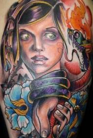 रंग आणि कार्टून महिला साप आणि ज्योत टॅटू नमुना सह चेहरा
