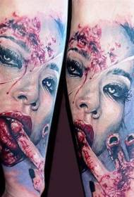 color horror style bloodthirsty female portrait tattoo pattern