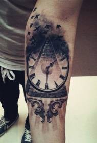 braccio misteriosa piramide nera con motivo a tatuaggio orologio