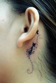 black cat moon tattoo pattern behind the ear