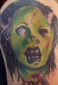 gréng Gesiicht Zombie an Dolk Tattoo Muster