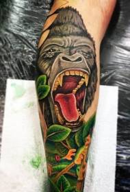 modello di tatuaggio colorato gorilla ruggente e rana tropicale