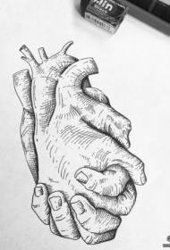Europinis juodos ir pilkos rankos širdies derinys, tatuiruotės modelio rankraštis