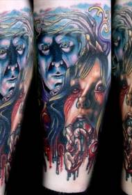 mujer espeluznante de estilo horror con patrón de tatuaje de cara de monstruo
