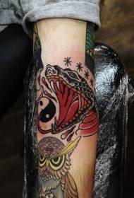 arm old school colored evil snake with owl tattoo pattern