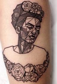 Juodos linijos geometrijos portretas su gėlių tatuiruotės modeliu