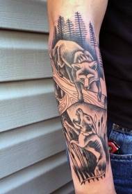 Kar fekete-fehér kutya és róka tetoválás minta
