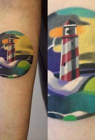 Braccio cerchio di colore e modello di tatuaggio paesaggio faro