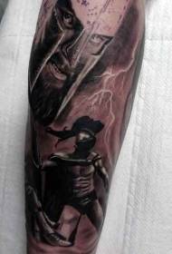 uitstekende zwarte Spartaanse krijger met bliksem tattoo-patroon