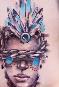 Retrat en color de l'estil aquarel·la amb patró de tatuatge en cadena i ploma