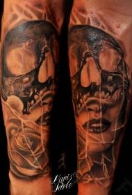 käsivarteen kauhu tyyli kallo naisen muotokuva tatuointi kuvio 110628 - käsivarsi muotokuva väri tyttö ja ketjun tatuointi malli
