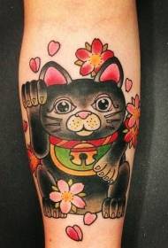 malgranda brako malgranda bonŝanca kato kaj multkolora floro-tatuaje ŝablono