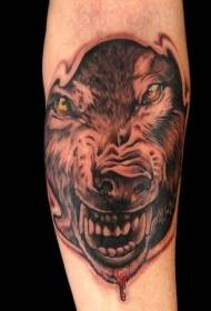 arm zwart grijze stijl wolf met geel oog tattoo patroon