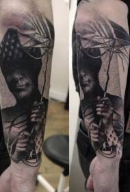 wzór tatuażu czarny tajemniczy mężczyzna i parasol w stylu ramię cierń