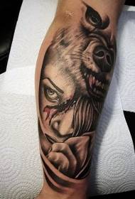 wolf head with bloody woman portrait tattoo pattern