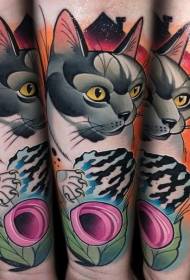 fiocco new school color cute cat con motivo a tatuaggio floreale