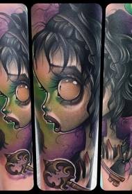 sorcière de grands yeux maléfiques et motif de tatouage clé de bande dessinée