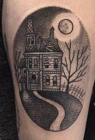 bracciu di scola antica oval neru cù un mudellu vintage tatuatu di tatuaggi di casa