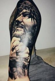 Estilo realista en branco e negro Retrato de Deus e patrón de tatuaxe a man rezando