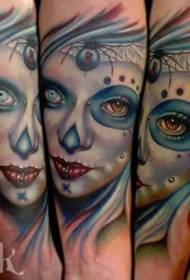 new school color creepy woman face tattoo pattern