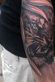 Black Grey Style Angry Tiger Arm Tattoo Àpẹẹrẹ