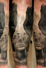 reālistiska stila ainava ar palmu koku meitenes portreta tetovējuma modeli