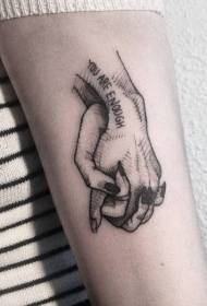 Црвена рука у глежњачу, црна рука с узорком тетоваже слова