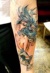 pieni käsivarsi värikäs kala ja merenneito tatuointi malli