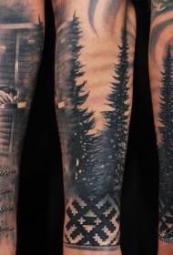Arm Memorial Style Crno-bijela pisma staraca i šuma uzorak tetovaža