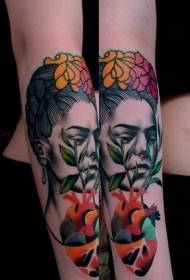 új iskola színű kar nők arcát virágok tetoválás mintával
