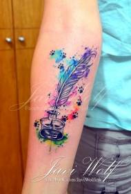 arm watercolor style ink bottle with feather and cat claw tattoo pattern