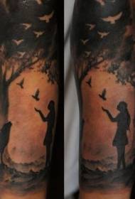 dívka s vlkem a ptákem v lese tetování vzorem