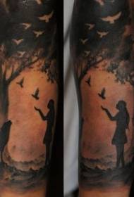 ragazza con un lupo e un uccello nella foresta Modello del tatuaggio