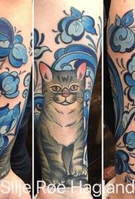 strėlės iliustracijos stiliaus spalvos katė su gėlių tatuiruotės modeliu