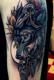 Gorgeous Wolf Head with Raven skull tattoo pattern