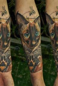 мала рака симпатична боја мачка линија тетоважа шема 110188 - мала рака мала среќна мачка и разнобоен цвет шема на тетоважи