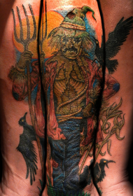 arm incredible colorful scarecrow and crow tattoo pattern