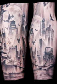 Arm Black Grey City Bat Tattoo Model- ով