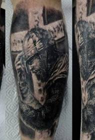 Tobillo exquisito patrón de tatuaje de caballero medieval de oración negra