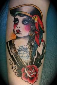 cute cartoon pirate girl and parrot tattoo pattern