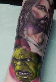 Jesus och Hulk kombinerade färg tatueringsmönster