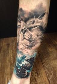 акварел мачка со шах парче шема тетоважа