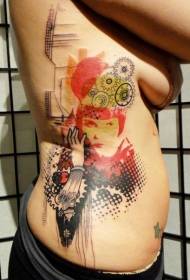 női oldalsó borda szín mechanikai és női portré tetoválás minta