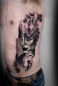Надреални стил бочно ребро црни женски портрет биљка тетоважа узорак