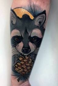 Ankle color cartoon raccoon and pine cone tattoo pattern