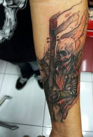 borst brandende cartoon schedel muzikant tattoo patroon