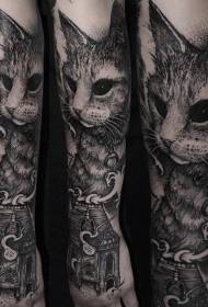 małe ramię punkt czarno-biały bardzo fajny wzór tatuażu kota i domu