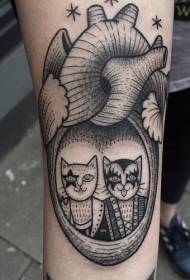 brazo línea negra pinchazo corazón y gato pareja tatuaje patrón